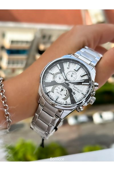 Ferrucci Brand Functions Active Silver Color Steel Cord Men's Wrist Watch + Rosary Bracelet