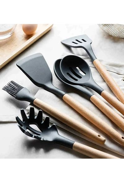 Kitchen Dream 12 Pieces Wooden Handle Silicone Kitchen Pastry Silicone Ladle Beater Brush Colander Spoon Holder Tongs Spatula Set