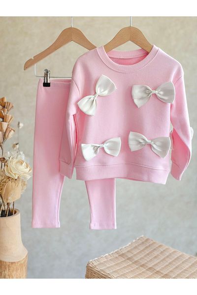 Daisy Dolly Girl's Ribbon Detailed Cotton 3 Thread Non-Raised Top and Bottom Set