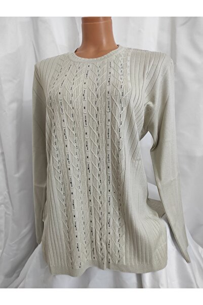 DİLEĞİM BUTİK BATTAL BÜYÜK BEDEN 0 YAKA İŞLEMELİ REYHAN MİMOZA TRİKO KAZAK