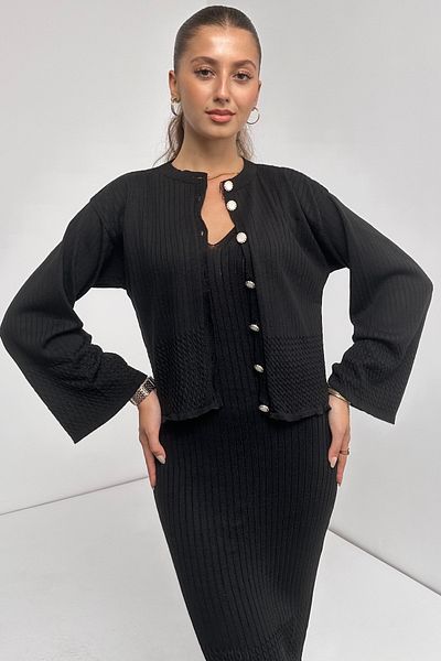 LB Laluna Butik Women's Pearl Buttoned Cardigan and Dress Double Knitwear Set