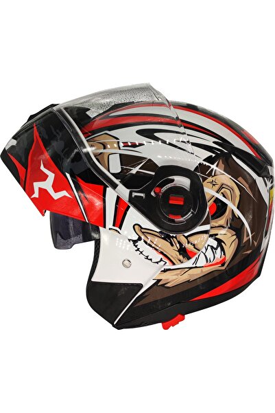 Free-M 961 Monkey Güneş Vizörlü Çeneden Açılır Kask Siyah - Beyaz - Kırmızı