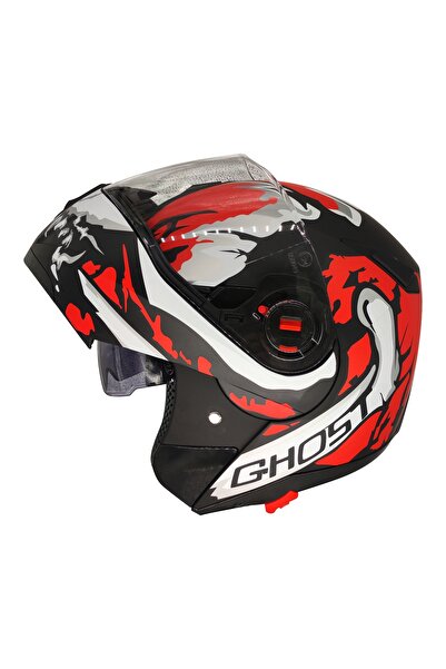 Free-M 961 Ghost Güneş Vizörlü Çeneden Açılır Kask Siyah - Beyaz - Kırmızı