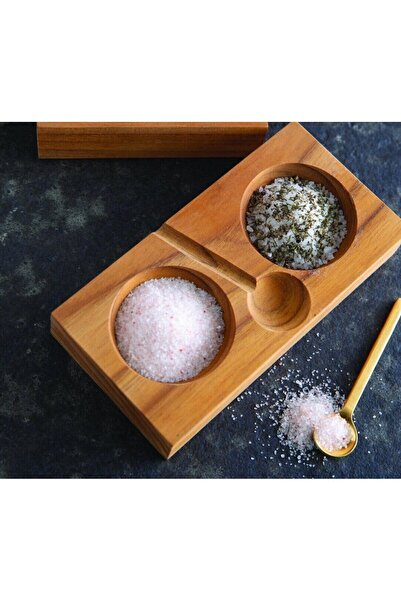 Woodeso وعاء توابل خشبي حديث مكون من قسمين مع ملعقة ذهبية وموزع ملح وفلفل أسود