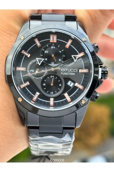 Ferrucci Brand Functions Active Black Color Steel Cord Men's Wrist Watch + Rosary Bracelet