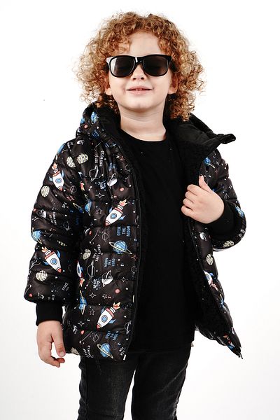 Merdia Space Patterned Children's Coat with Fur Inside and Hood