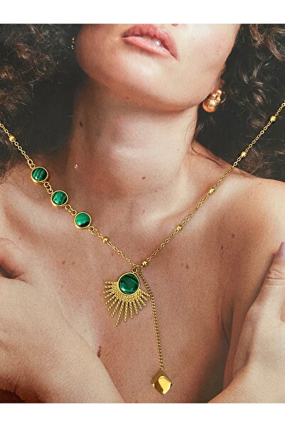 Pinery Jewels Firuze Taşlı Güneş Kararmaz Çelik Kadın Gold Kolye