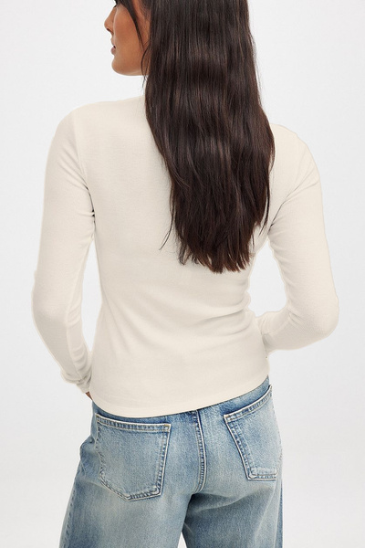 CHEISU Ecru női póló - hosszú ujjú, nyakú, bordás camisole blúz