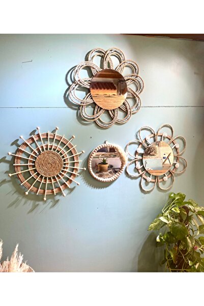 kattuna Bohem Hasır Ayna Duvar Dekorasyon Ürünü 4’lü Set