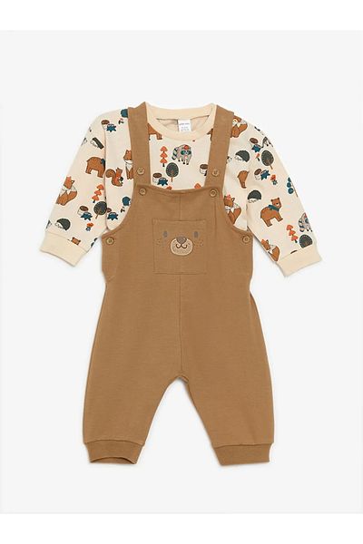 LC Waikiki Lcw Baby Dark Beige Embroidered Baby Boy Salopet and T-Shirt Set of 2