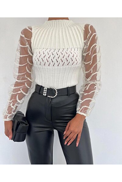 bi Basic Kol Tül Detaylı Bisiklet Yaka Triko Kazak