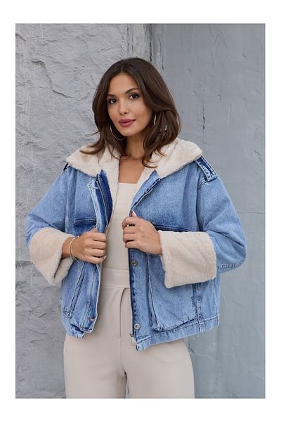 Elif Özbey Butik Palton Jean cu blană albastră