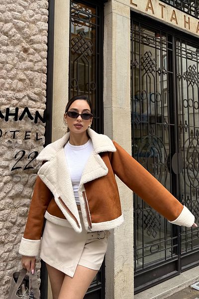 ASEDE Premium Imported Suede Plush Detail Fur Shawl Collar Short Coat Coat