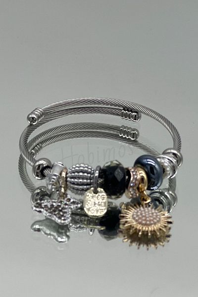 Hobimos Black Color Crystal Stoned Teddy Bear Figure Gold Sun Detail Charm Model Women's Bracelet