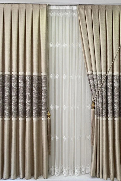 Özgün Home Şık Desenli Pano Fon Krem-Cappuccino (Tek Kanat+Aksesuar)