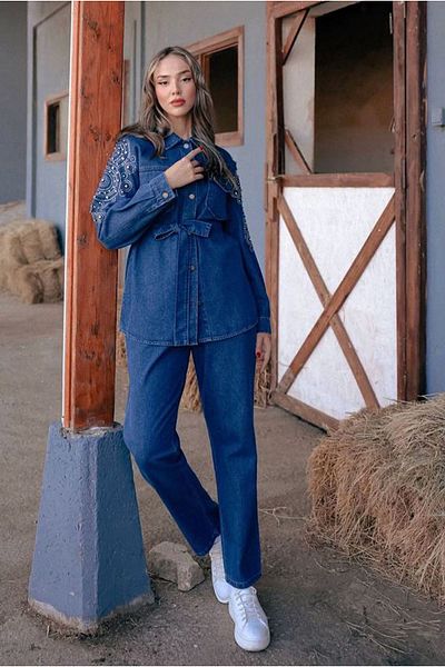 Moda Rosa 25K2283 - Dark Blue - Jeans Set with Stone Sleeves