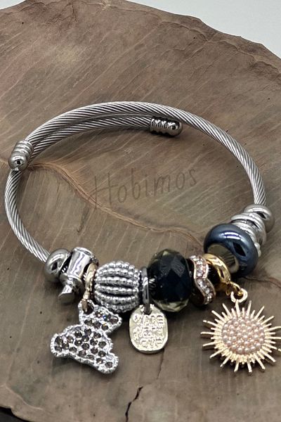 Hobimos Black Color Crystal Stoned Teddy Bear Figure Gold Sun Detail Charm Model Women's Bracelet