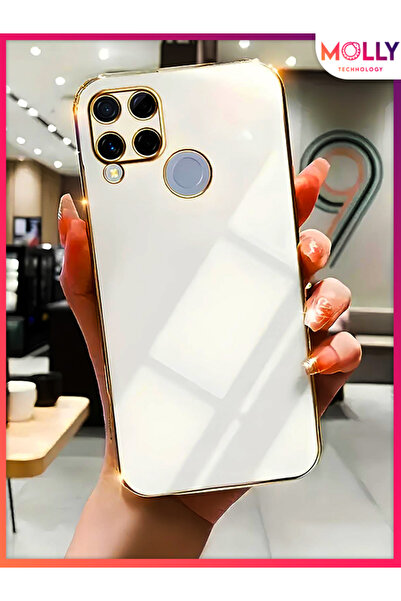 Molly REALME C15 İçin İnci Beyazı Kenarları Gold Detaylı Lüks Silikon Kılıf