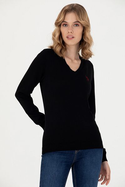 U.S. Polo Assn. Pulover de bază pentru femei cu decolteu în V negru - 50276570 -VR046