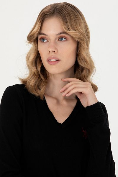 U.S. Polo Assn. Pulover de bază pentru femei cu decolteu în V negru - 50276570 -VR046