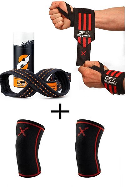 Dex Supports Fitness Wrist Brace Wrist Wraps+Fitness Knee Brace Knee Sleeve+8 Loop Lifting Straps 3 Pack