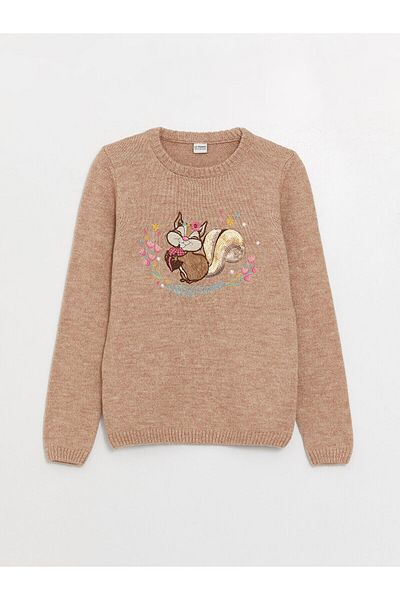 LC Waikiki Lw – Langarm-Strickpullover für Mädchen mit Rundhalsausschnitt und Stickerei