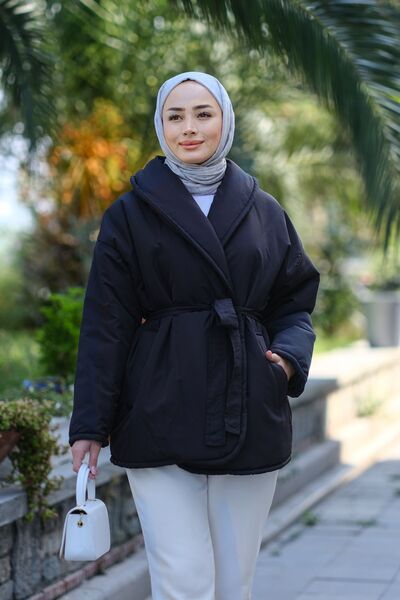 LOCCO Μαύρο φουσκωτό παλτό - Γυναικείο, με ζώνη