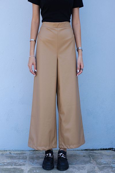 LOCCO Γυναικείο δερμάτινο φαρδύ παντελόνι Mink Color