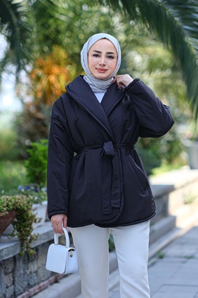 LOCCO Μαύρο φουσκωτό παλτό - Γυναικείο, με ζώνη