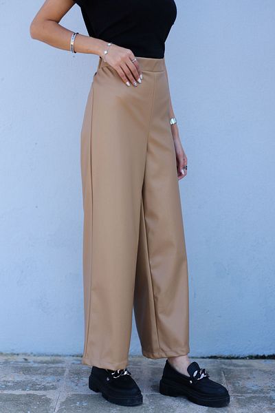 LOCCO Γυναικείο δερμάτινο φαρδύ παντελόνι Mink Color