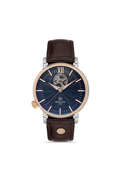 Hislon Men's Multicolor-Navy Blue Steel Case Round Dial Leather Band Wristwatch Automatic Mechanism Anal
