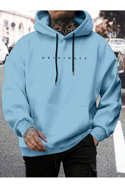 aynewmoda Blue Oversize Hooded Sweatshirt - Originals Front Printed Hoodie