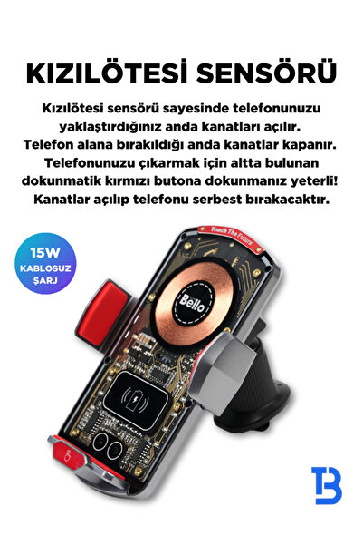 Tech&bello accessories A6 Kızılötesi Sensörlü Dokunmatik Kablosuz Şarj Ve Araç Tutucağı Metal Klipsli
