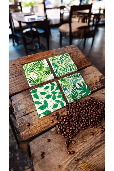 Begoloni Stone Decor Natural Stone Coaster Set of 4 - 10x10cm Green Leaf Patterned Stone Coaster - Stone Coasters