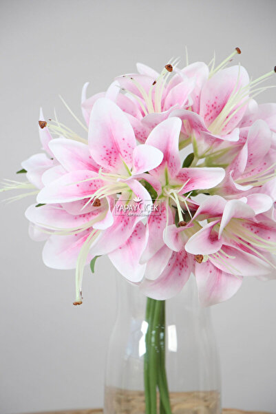 Yapay Çiçek Deposu 12li Cipsolu Lüx Yapay Lilyum Buketi 35 cm Pudra Pembe