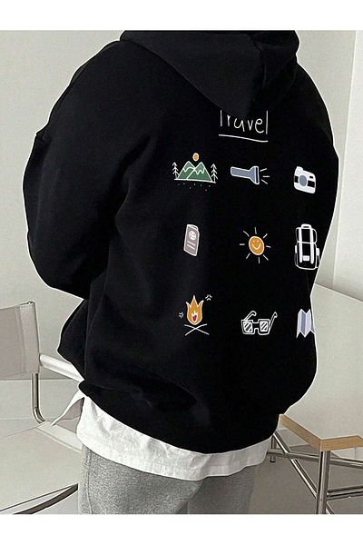 LUNAVISTA Travel Camping Black Oversize Hooded Sweatshirt - Front and Back Printed Hoodie