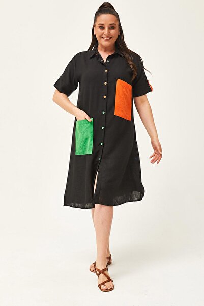 Ebsumu Λινό μαύρο φόρεμα πουκάμισο σε μεγάλο μέγεθος - Με πολύχρωμη λεπτομέρε...