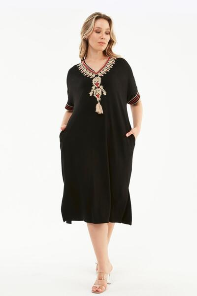 Ebsumu Rochie tricotată neagră brodata Plus Size