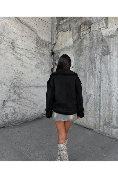 Ekim Store Biker Plush Collar Crop Suede παλτό