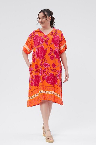 Ebsumu Orange Woven Printed - Shirt Collar Side Slit Women's Dress