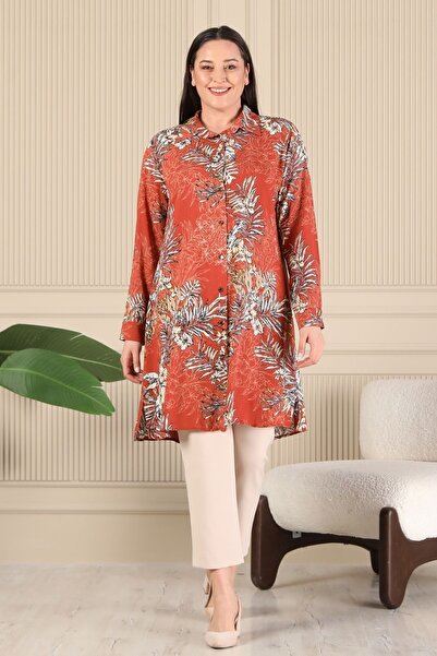 Ferace Plus Size Brown Tunic - Shirt Collar and Button Detail