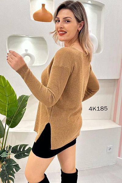 İnce Topuk V Yaka Simli Triko Bluz - 4K185