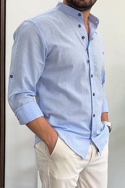 Edwox Ανδρικό βαμβακερό πουκάμισο με λεπτή εφαρμογή με κουμπιά με λεπτομέρεια λινό Look γαλάζιο Edw086