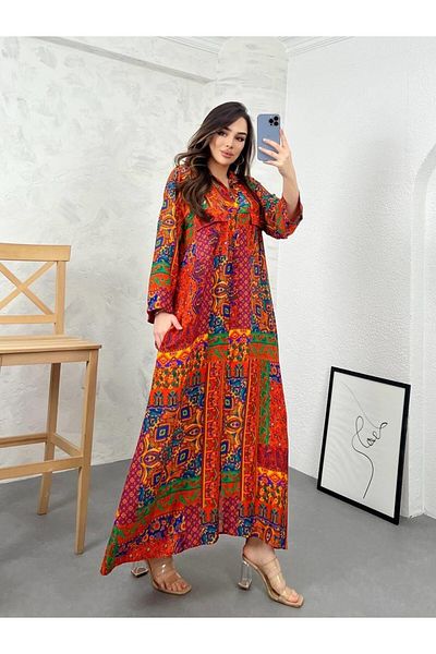 Cardella Ethnic Patterned Wide Cut Pocket Shirt Dress - Hijab Tunik