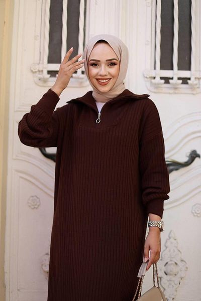 Cardella Ribbed Knitwear Dress - Zipper Collar Hijab Dress