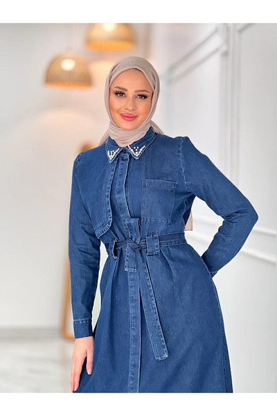 Cardella Camellia Denim Jeans Υφασμάτινο Πέτρινο Μακρύ Φόρεμα Hijab με λεπτομέρεια
