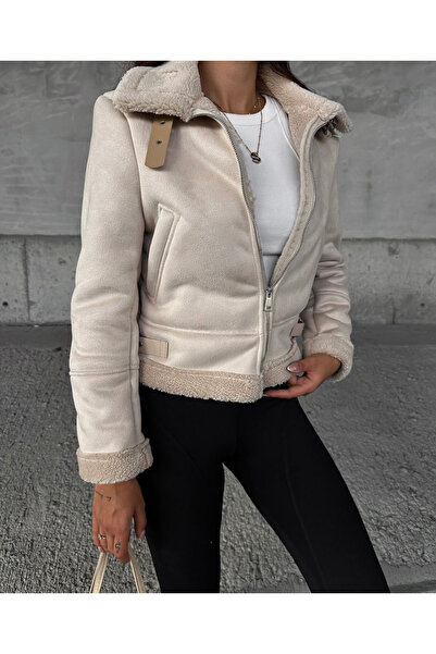 Ekim Store Biker Plush Collar Crop Suede Coat