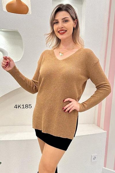 İnce Topuk V Yaka Simli Triko Bluz - 4K185