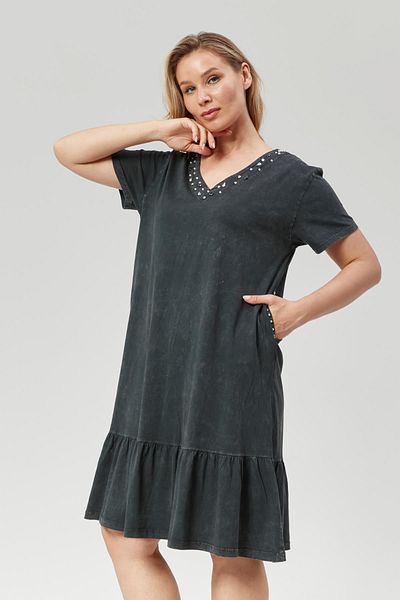 Ebsumu Plus Size Stone and Pearl Detailed Anthracite Pleated Dress