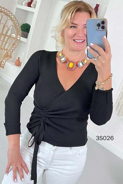 İnce Topuk Knitwear Gathered DouBle BreaSted Collar BlouSe - 3S026